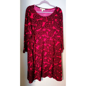 Michael Kors Red Raspberry & Black Paisley Print Pull-Over Knee Length Dress 3X